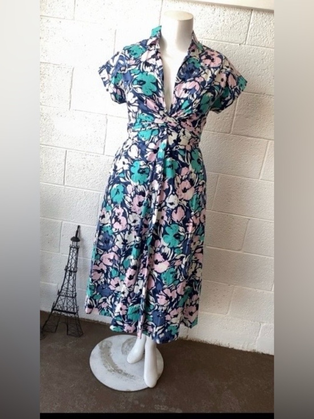 Twist-Front Floral Midi Dress in Teal, Pink & Navy